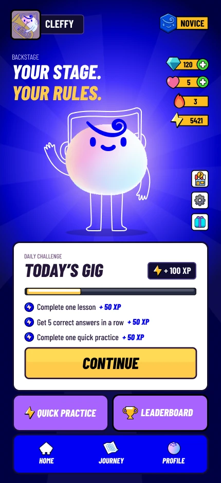 The Bandroom home screen: Clavis on stage, Today’s Gig challenge, Quick Practice and Leaderboard.